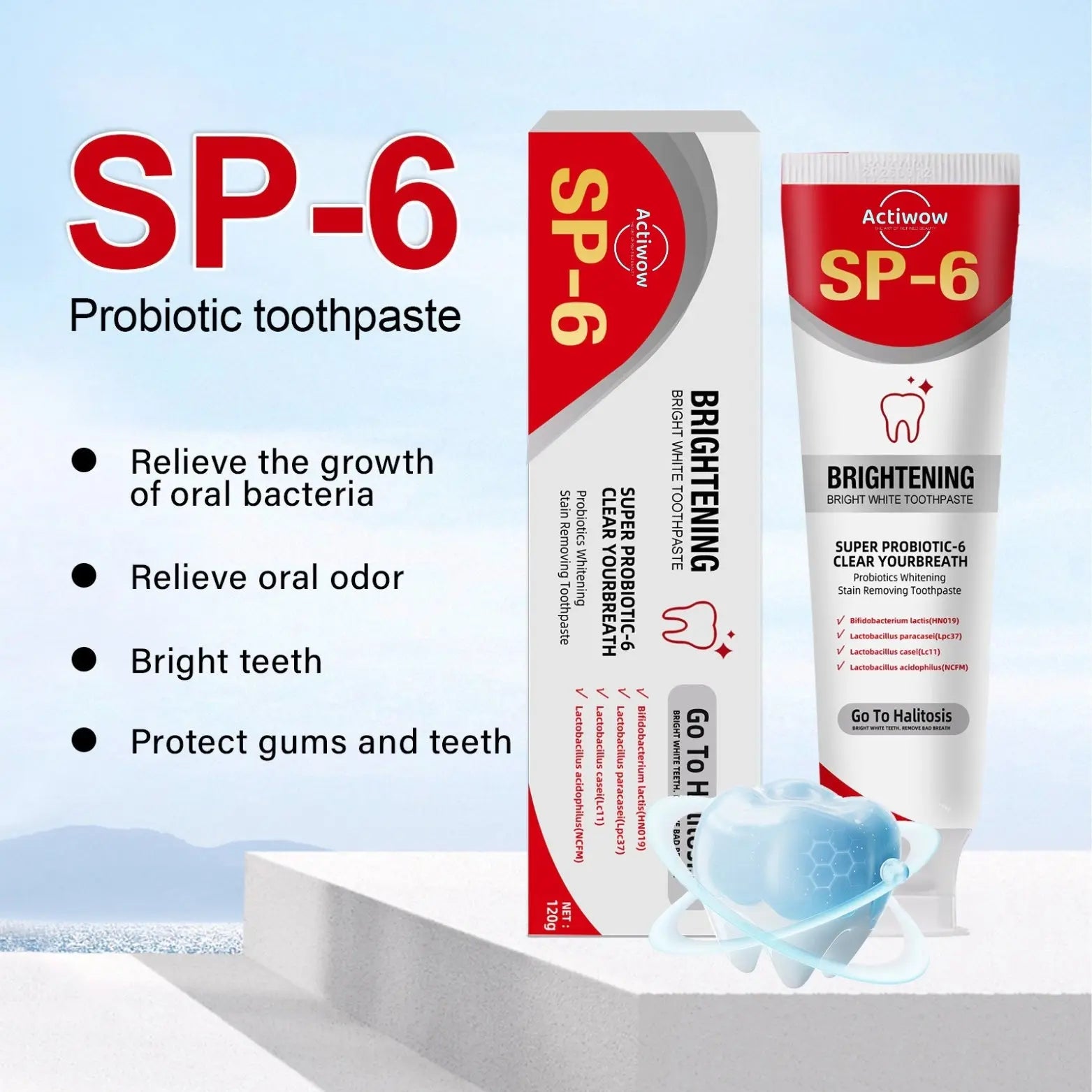 Actiwow SP6 Teeth Whitening Toothpaste with Mint Flavor - A toothpaste designed to whiten teeth, remove stains, and promote oral hygiene, featuring a refreshing mint flavor for a clean, fresh feeling and improved dental health.