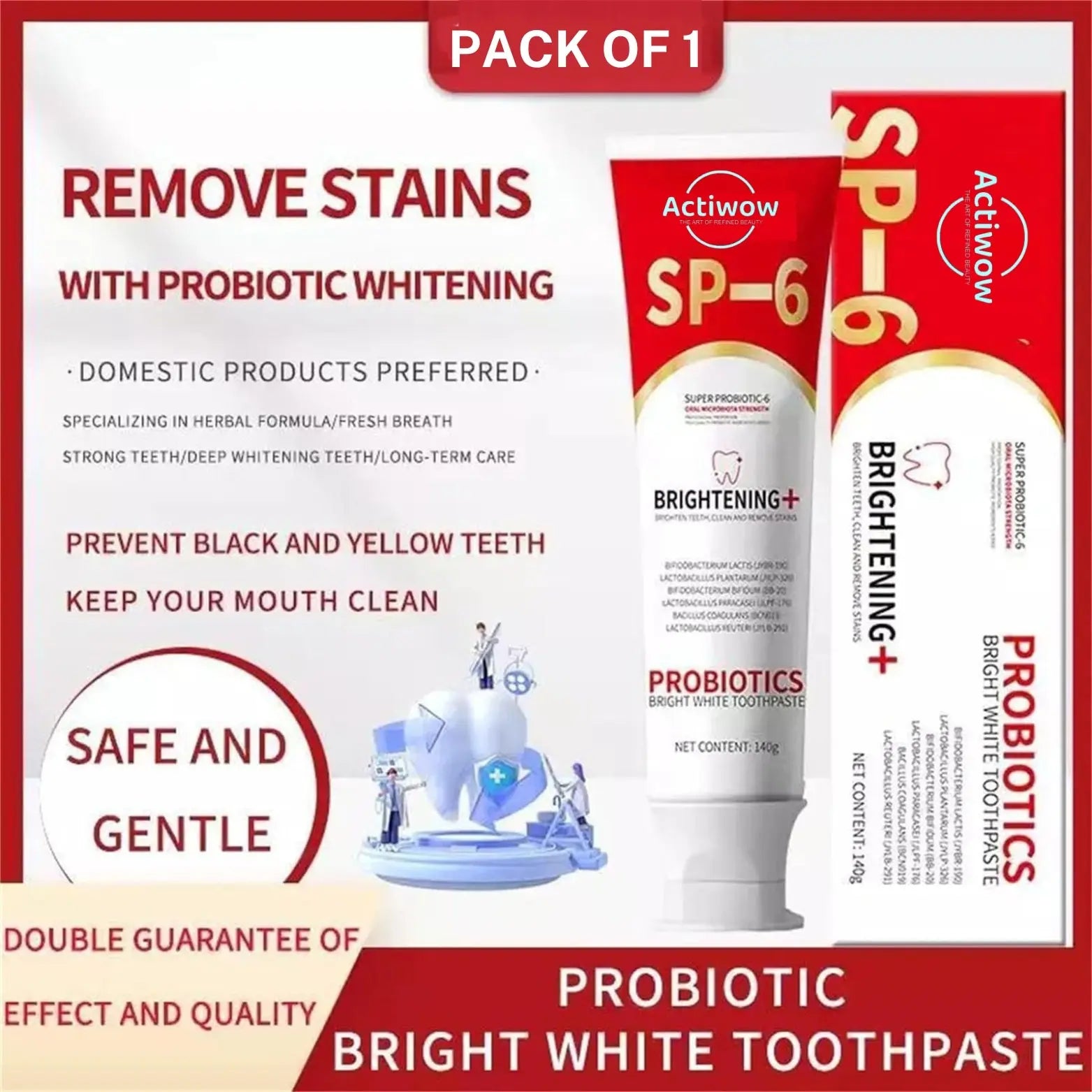 Actiwow SP6 Teeth Whitening Toothpaste with Mint Flavor - A toothpaste designed to whiten teeth, remove stains, and promote oral hygiene, featuring a refreshing mint flavor for a clean, fresh feeling and improved dental health.