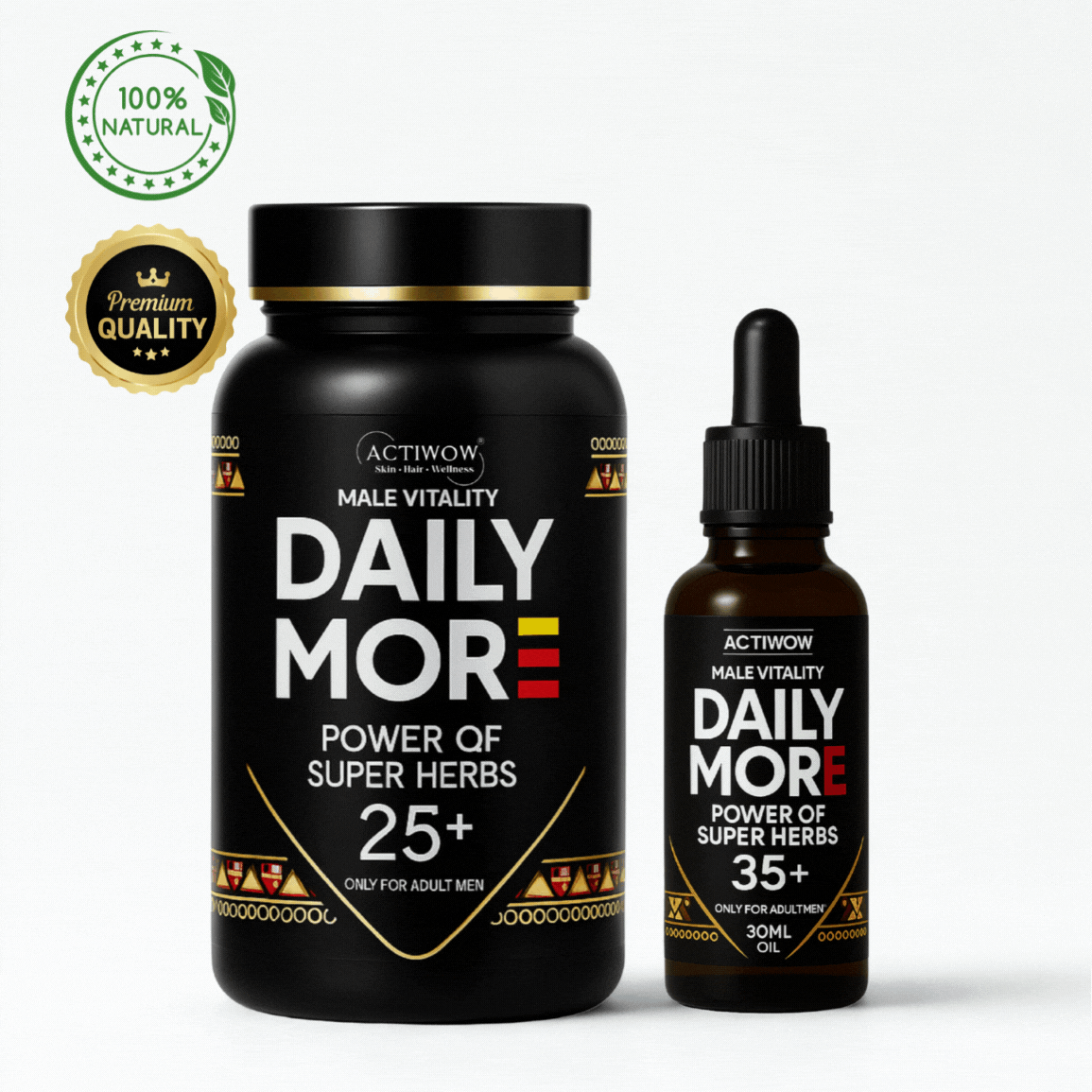 Actiwow Daily More Combo – 25+ Herbal Vitality Powder + 35+ Oil for Men | Power of Super Herbs | Natural Strength & Stamina Booster Actiwow