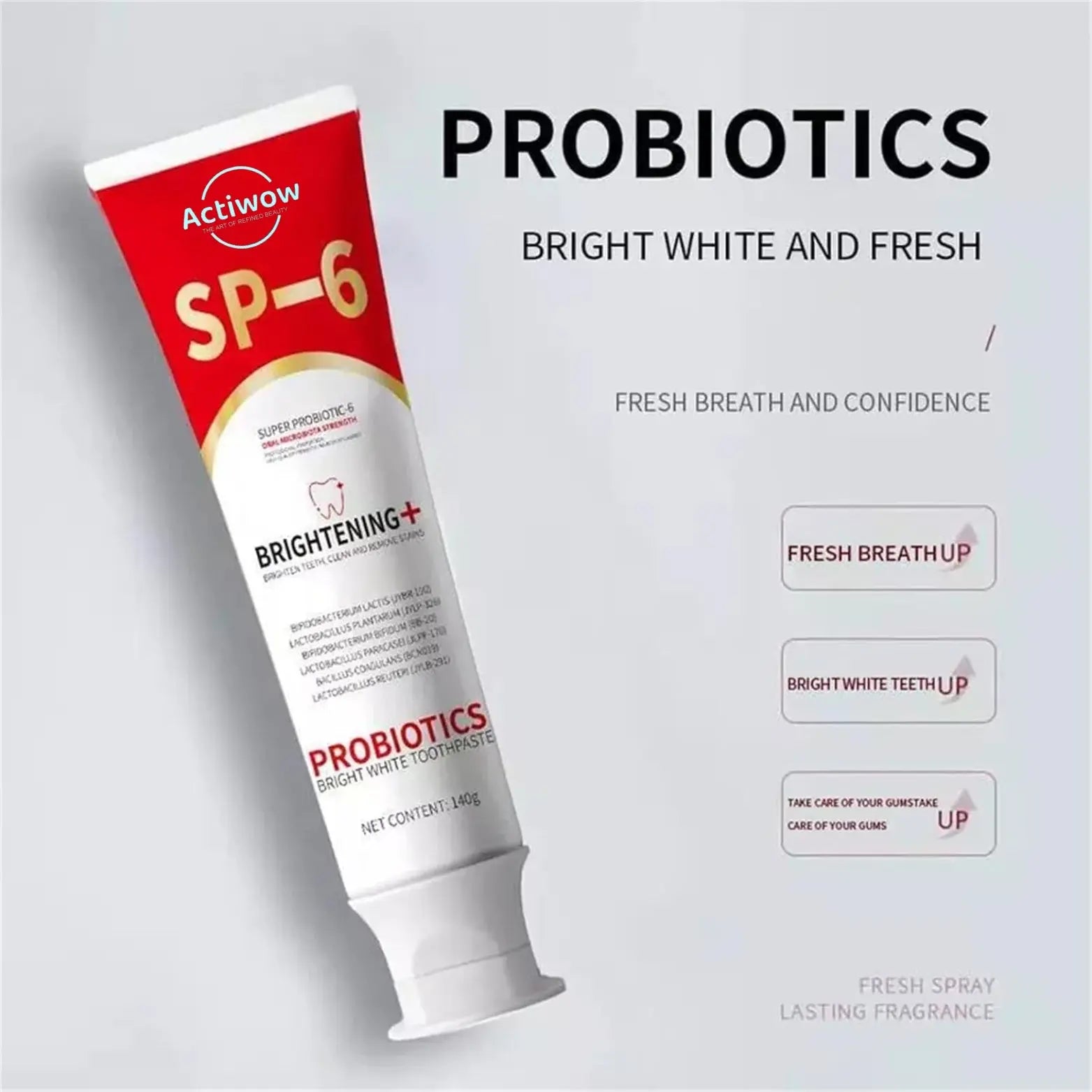 Actiwow SP6 Teeth Whitening Toothpaste with Mint Flavor - A toothpaste designed to whiten teeth, remove stains, and promote oral hygiene, featuring a refreshing mint flavor for a clean, fresh feeling and improved dental health.