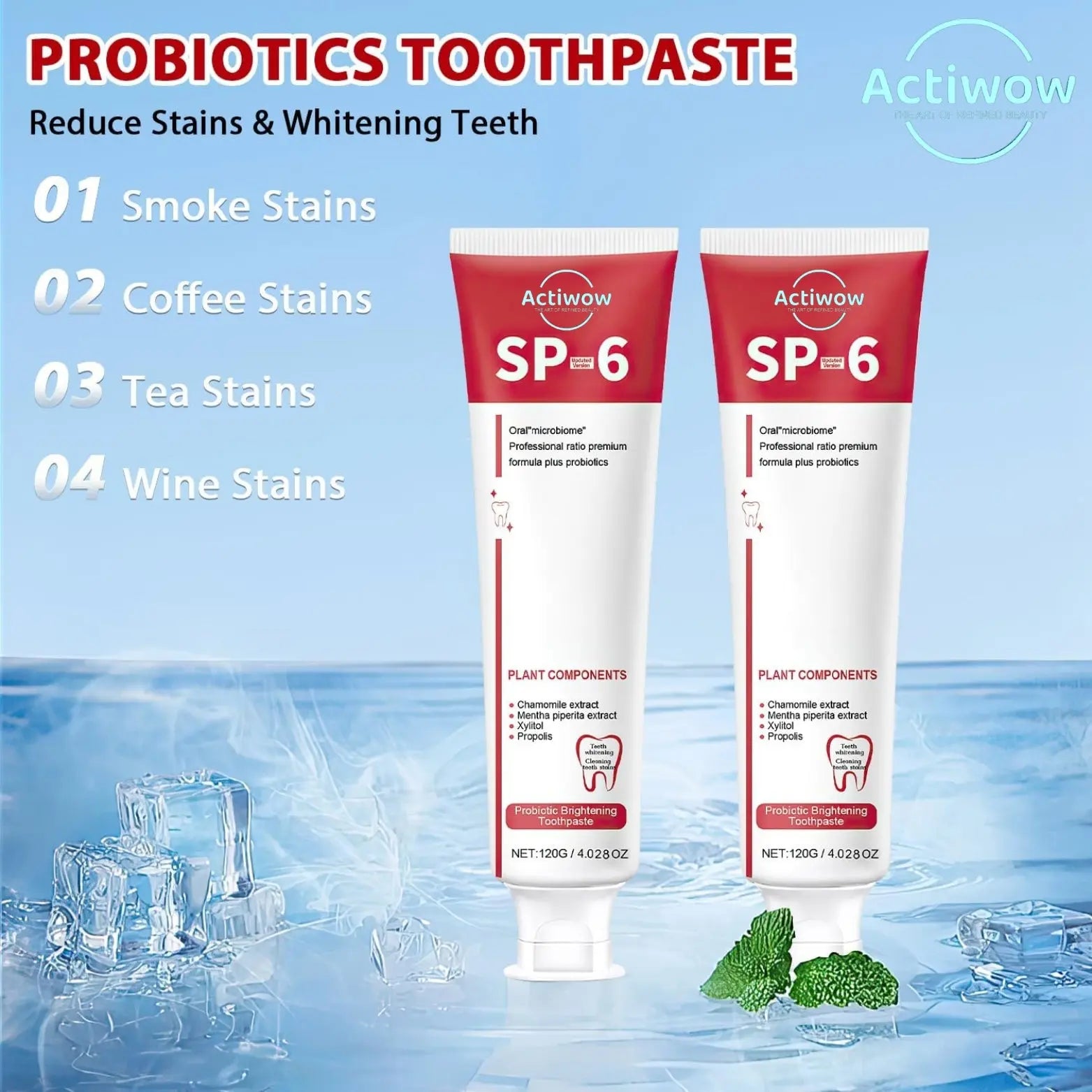 Actiwow SP6 Teeth Whitening Toothpaste with Mint Flavor - A toothpaste designed to whiten teeth, remove stains, and promote oral hygiene, featuring a refreshing mint flavor for a clean, fresh feeling and improved dental health.