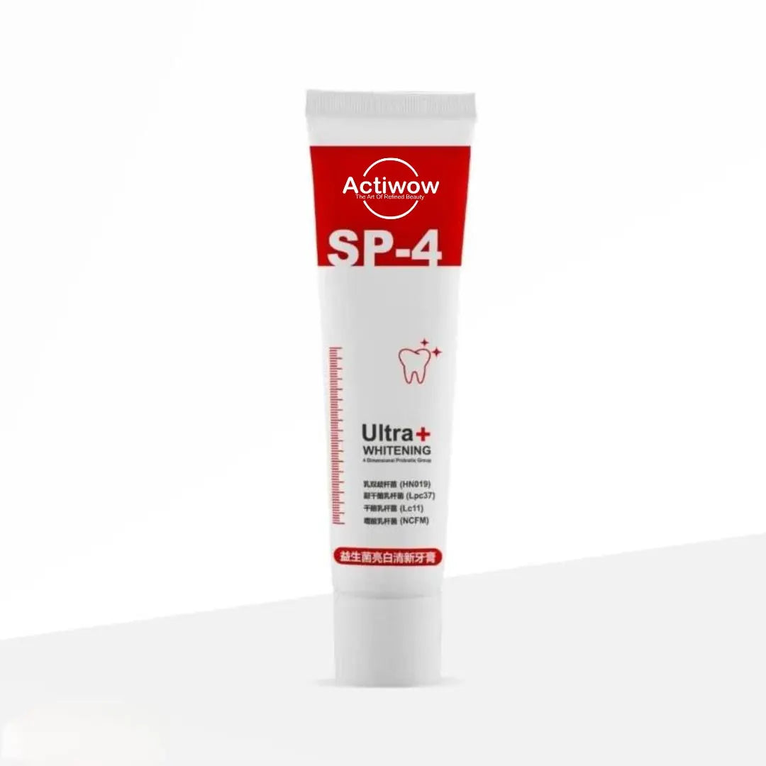 Actiwow SP4 Teeth Whitening Toothpaste with Mint Flavor - A whitening toothpaste formulated to remove stains and brighten teeth, enriched with mint for a refreshing taste and long-lasting fresh breath, promoting oral health and cleanliness.