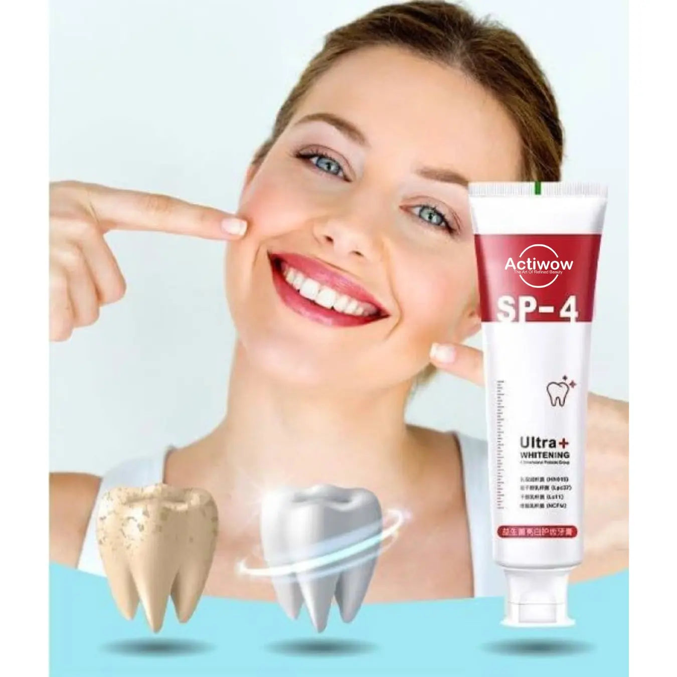 Actiwow SP4 Teeth Whitening Toothpaste with Mint Flavor - A whitening toothpaste formulated to remove stains and brighten teeth, enriched with mint for a refreshing taste and long-lasting fresh breath, promoting oral health and cleanliness.