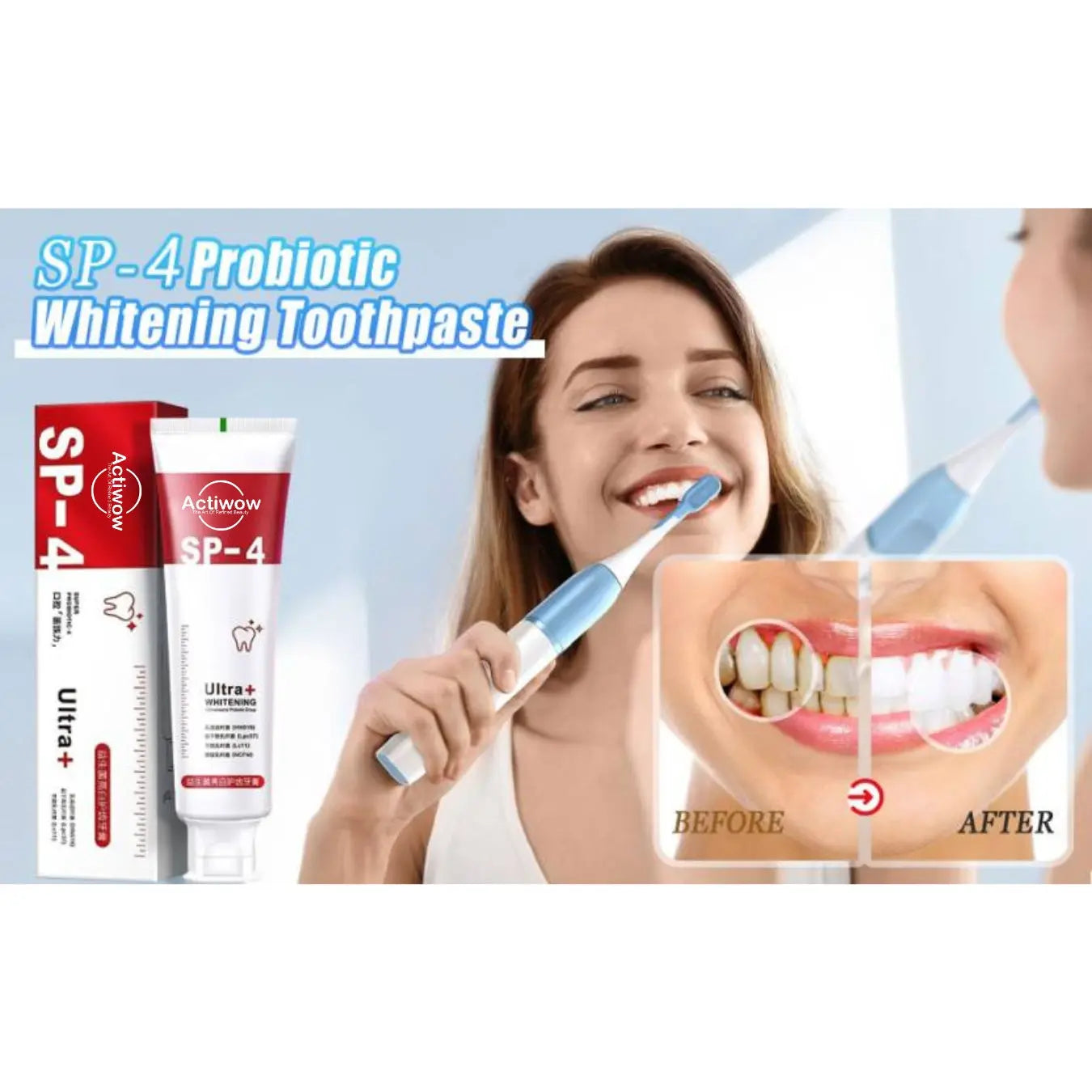 Actiwow SP4 Teeth Whitening Toothpaste with Mint Flavor - A whitening toothpaste formulated to remove stains and brighten teeth, enriched with mint for a refreshing taste and long-lasting fresh breath, promoting oral health and cleanliness.