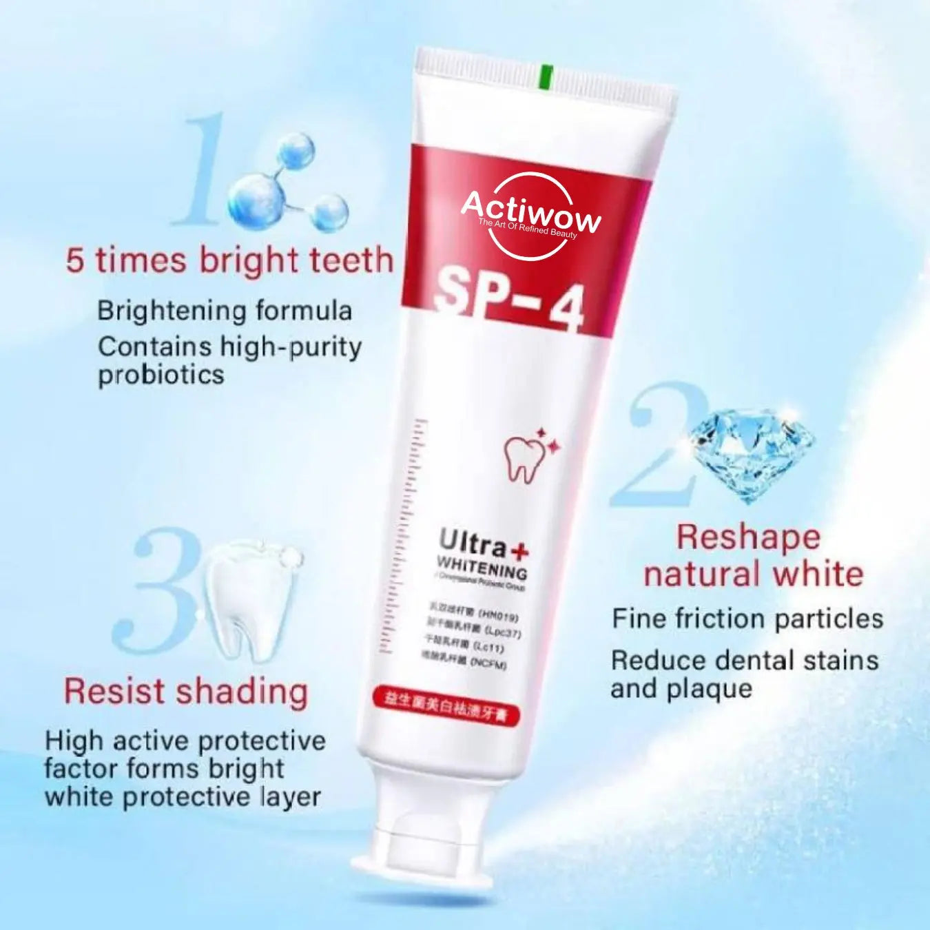 Actiwow SP4 Teeth Whitening Toothpaste with Mint Flavor - A whitening toothpaste formulated to remove stains and brighten teeth, enriched with mint for a refreshing taste and long-lasting fresh breath, promoting oral health and cleanliness.