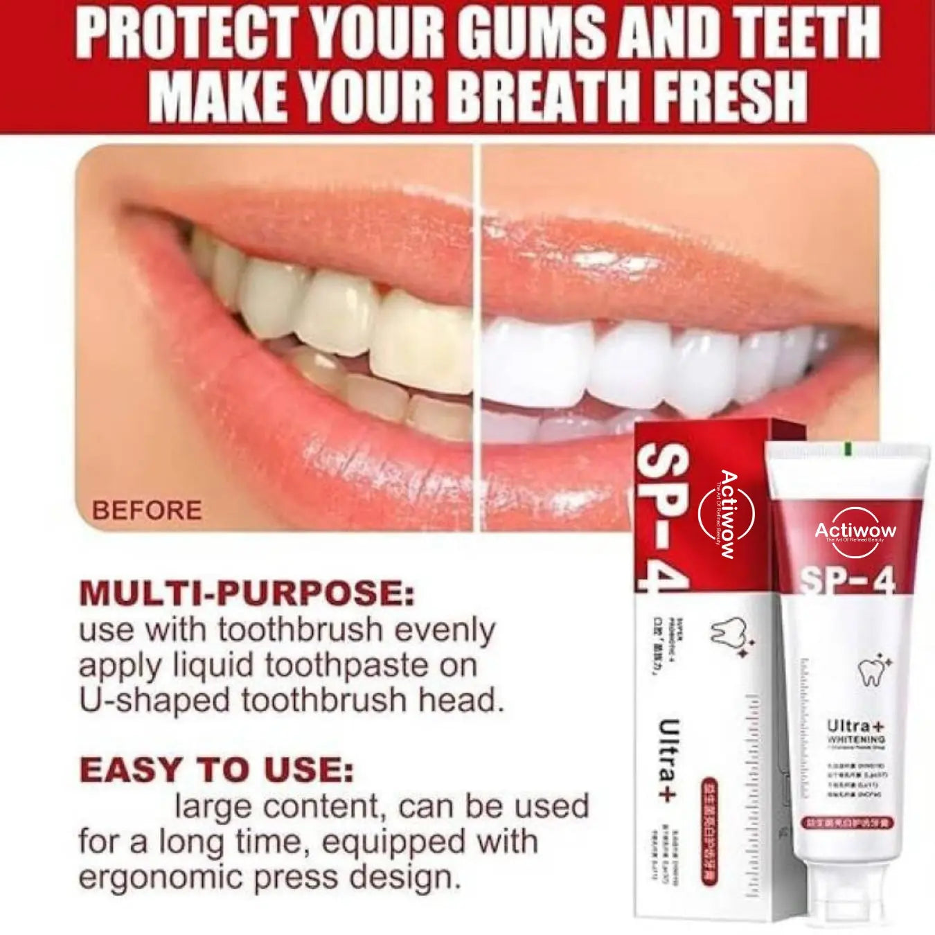 Actiwow SP4 Teeth Whitening Toothpaste with Mint Flavor - A whitening toothpaste formulated to remove stains and brighten teeth, enriched with mint for a refreshing taste and long-lasting fresh breath, promoting oral health and cleanliness.