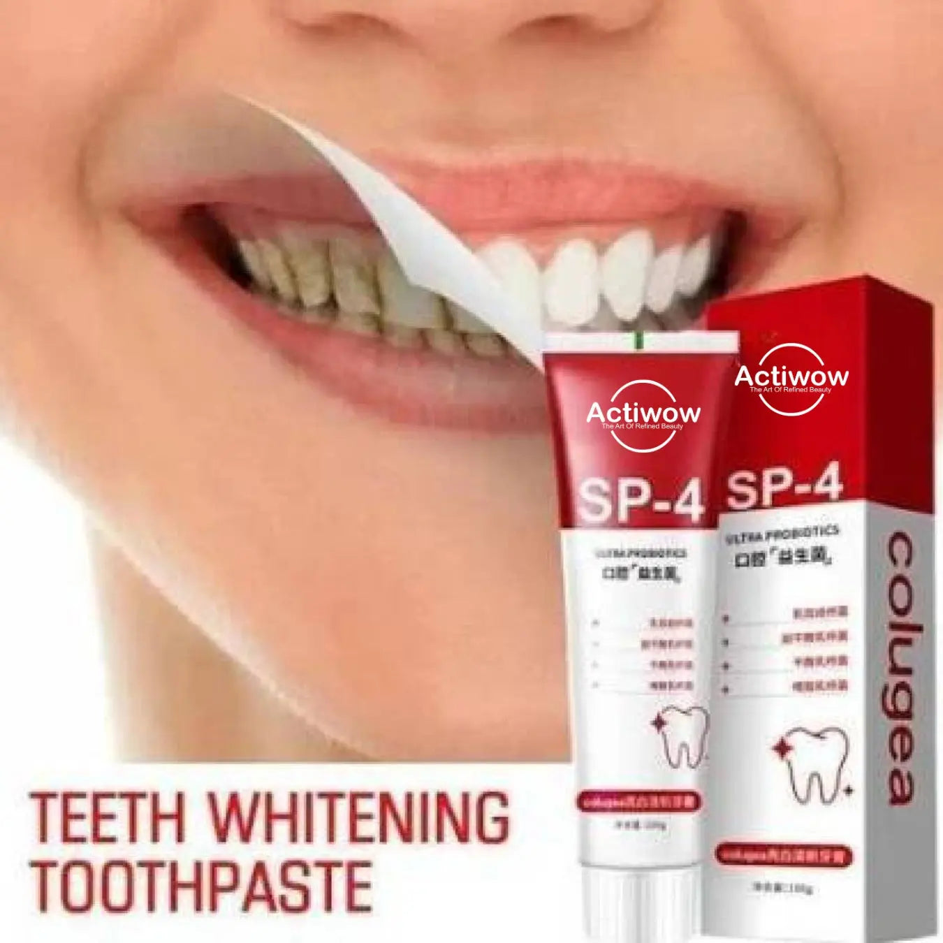 Actiwow SP4 Teeth Whitening Toothpaste with Mint Flavor - A whitening toothpaste formulated to remove stains and brighten teeth, enriched with mint for a refreshing taste and long-lasting fresh breath, promoting oral health and cleanliness.