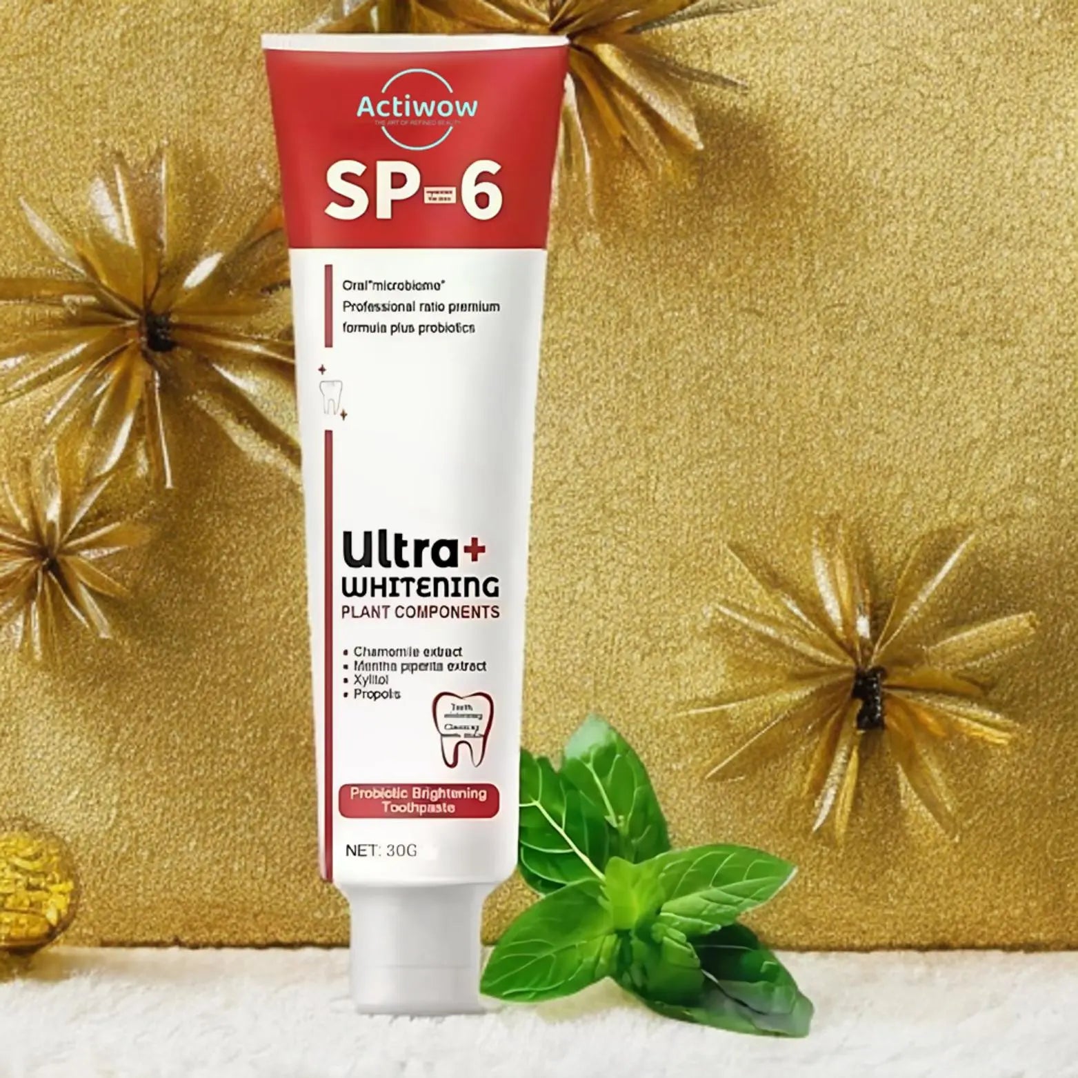 Actiwow SP6 Teeth Whitening Toothpaste with Mint Flavor - A toothpaste designed to whiten teeth, remove stains, and promote oral hygiene, featuring a refreshing mint flavor for a clean, fresh feeling and improved dental health.